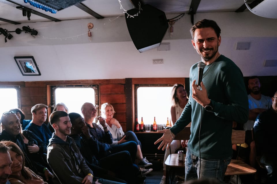 London: Dark Comedy on Iconic Battersea Barge - The comedy itself: roast level, 18+ tone, and what the front row means